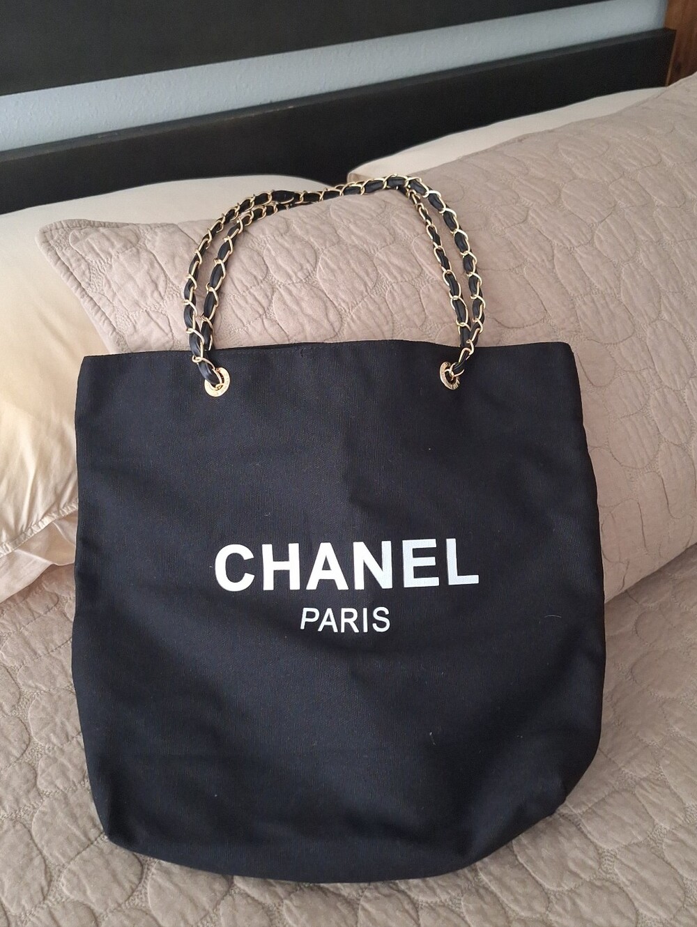 NWOT CHANEL Perfumes VIP Black Canvas Tote with Gold-Trim Chain Handles